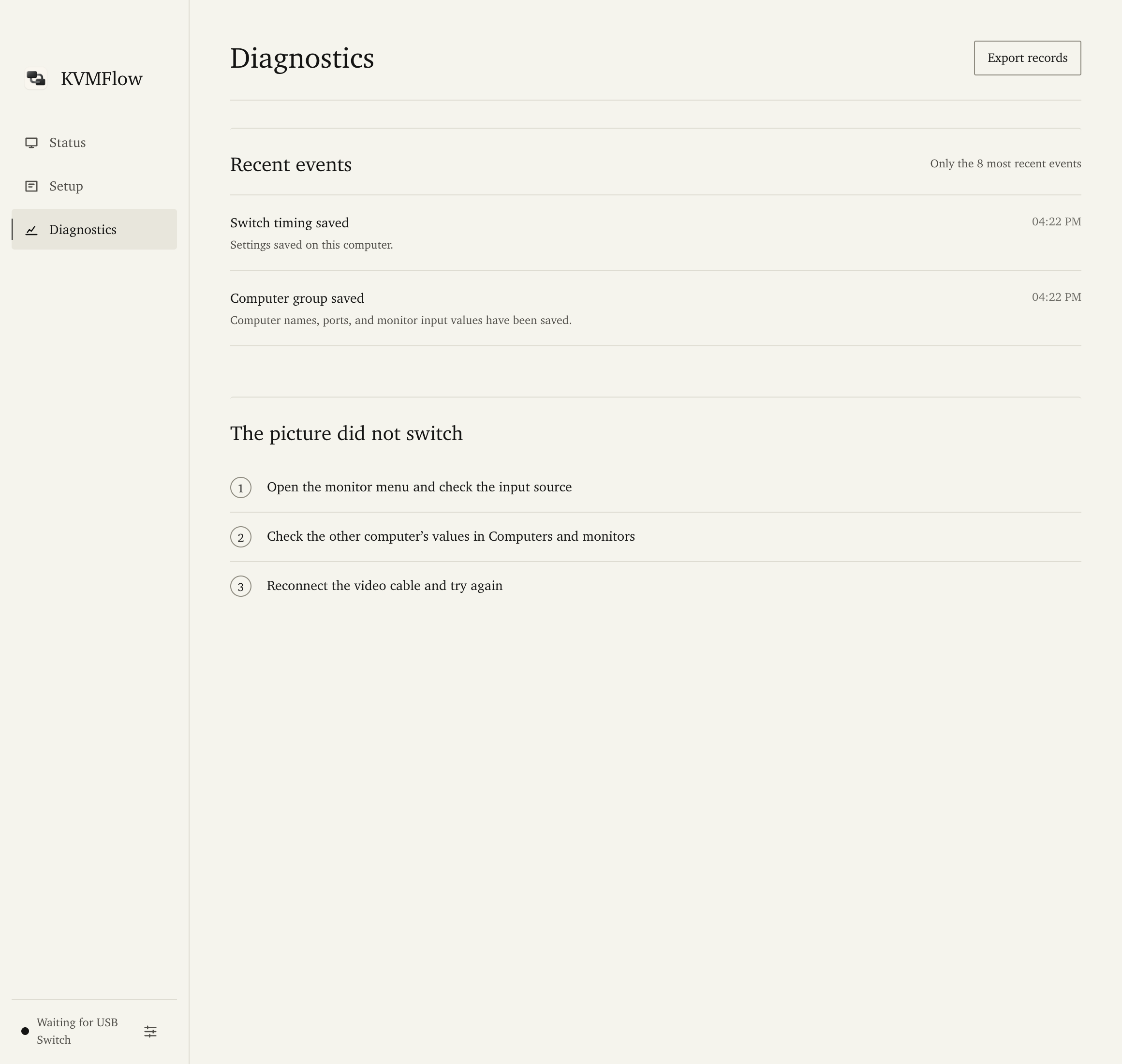 KVMFlow v0.2.7 diagnostics screen with example data