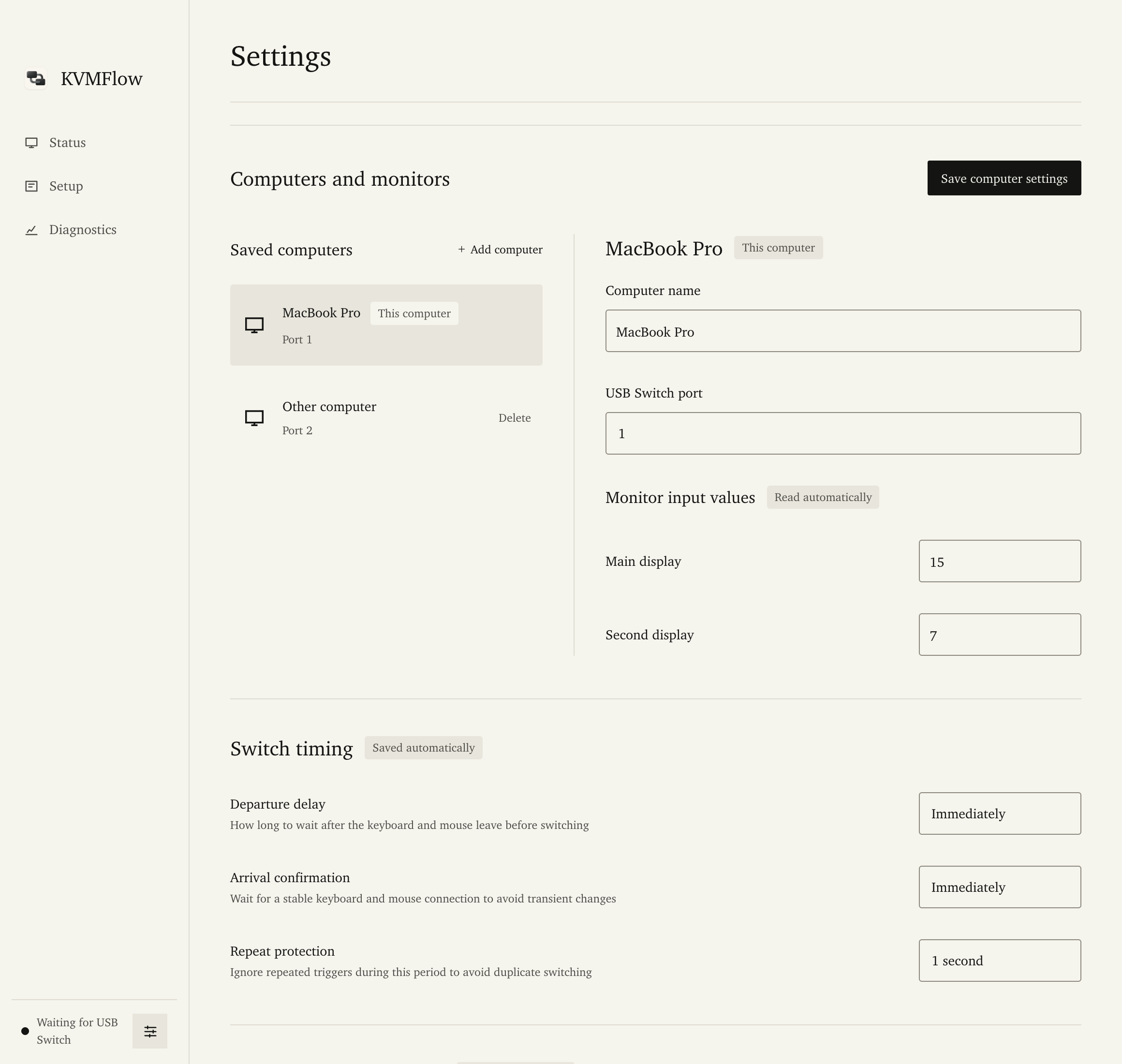 KVMFlow v0.2.7 computer and monitor settings with example data