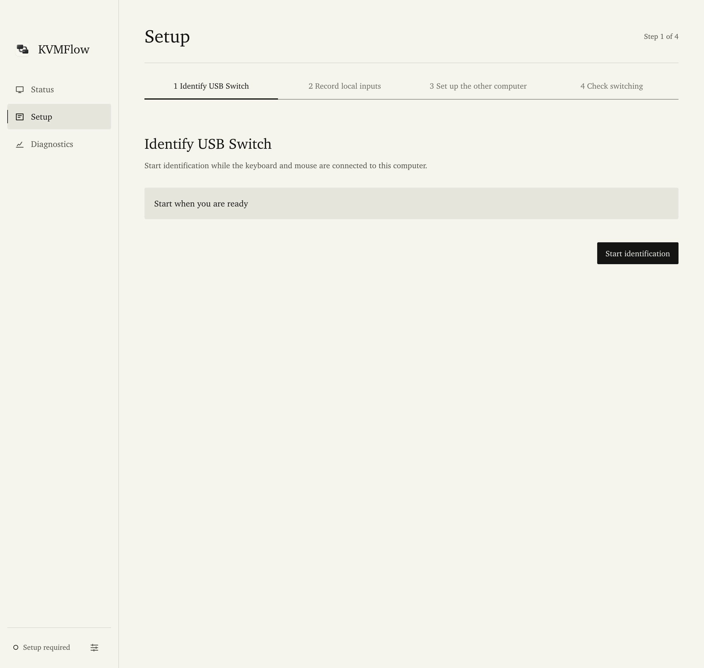 KVMFlow v0.2.7 setup screen with example data